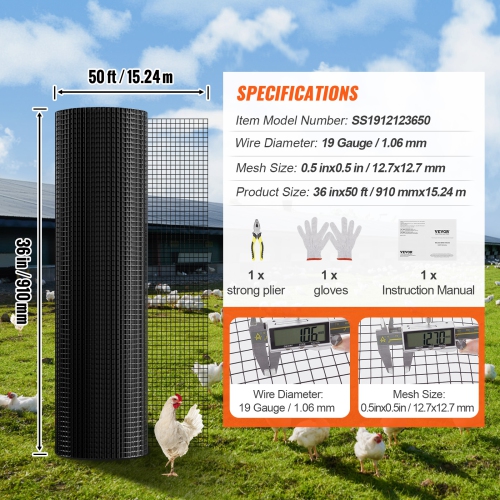 VEVOR 36'' x 50' Hardware Cloth, Galvanized Wire Mesh Roll, 19 Gauge Chicken Wire Fence Roll, Vinyl Coating Metal Wire Mesh for Chicken Coop Barrier,