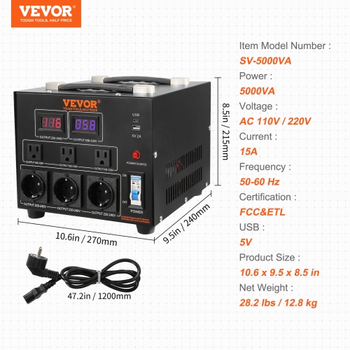 VEVOR 5000W Voltage Converter Transformer, Step Up/Down Transformer, Convert from 110 Volt to 220 Volt and from 220 Volt to 110 Volt, with US Outlet