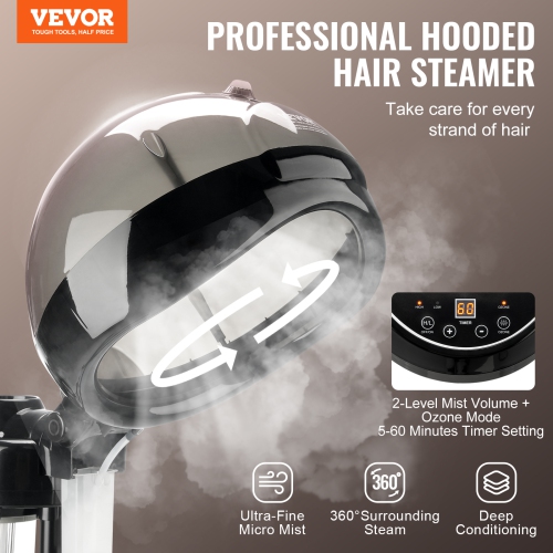VEVOR Ionic Hair Steamer with Dual Modes, 11.81-inch Hooded, Adjustable Stand & Timer, 5-Wheel Base for Enhanced Hair Conditioning at Home or Salon