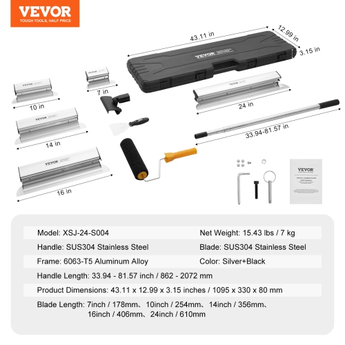 VEVOR 7/10/14/16/24 in Drywall Skimming Blade Set, Skimming Blades + 34 - 81.6 in Extension Handle Pole, Stainless Steel Knife Skim Coat Tools, for