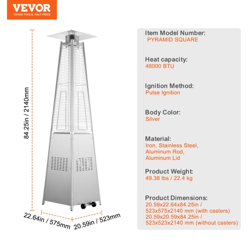 VEVOR 48000BTU Patio Heater for Outdoor Use, Pyramid Propane Heater w/Wheels, Quartz Glass Tube Outdoor Patio Flame Heater for Patio, Party,