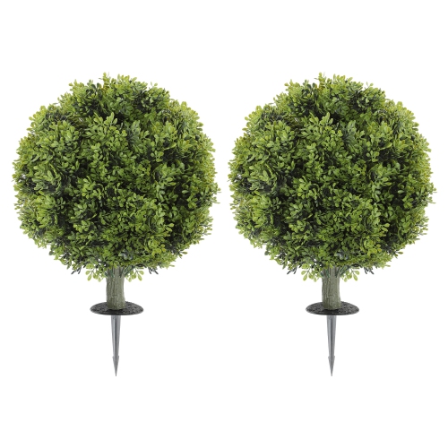 HOMCOM 21.7" Artificial Boxwood Topiary Ball Bushes Set of 2 with Integrated Ground Stake, Indoor Outdoor UV Resistant Fake Bushes Boxwood Plants for