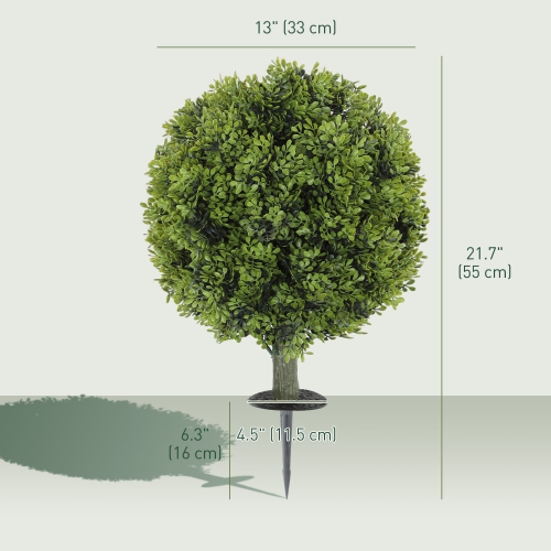 HOMCOM 21.7" Artificial Boxwood Topiary Ball Bushes Set of 2 with Integrated Ground Stake, Indoor Outdoor UV Resistant Fake Bushes Boxwood Plants for