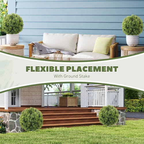 HOMCOM 21.7" Artificial Boxwood Topiary Ball Bushes Set of 2 with Integrated Ground Stake, Indoor Outdoor UV Resistant Fake Bushes Boxwood Plants for