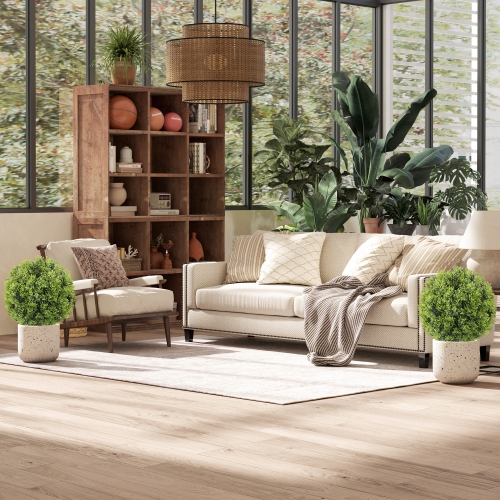 HOMCOM 21.7" Artificial Boxwood Topiary Ball Bushes Set of 2 with Integrated Ground Stake, Indoor Outdoor UV Resistant Fake Bushes Boxwood Plants for