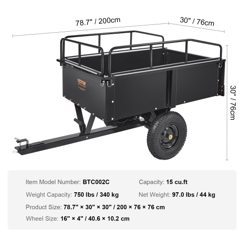 VEVOR 750-Pound Heavy Duty ATV Trailer Steel Dump Cart, 15 Cubic Feet, Garden Utility Trailer with Removable Sides for Riding Lawn Mower Tractor