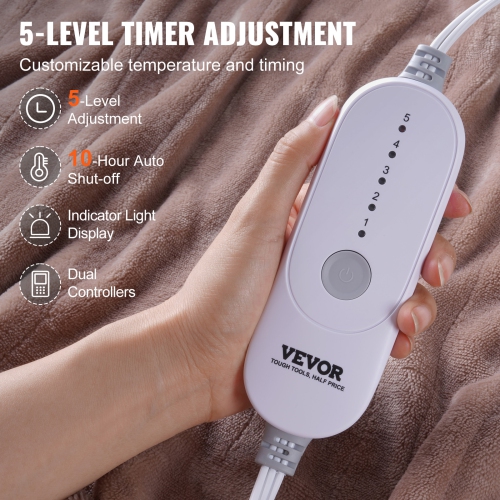 VEVOR 84" x 90" Heated Blanket Electric Throw, Soft Flannel Heating Blanket with 10 Hours Timer Auto-off & 5 Heating Levels, Dual Control, ETL & FCC