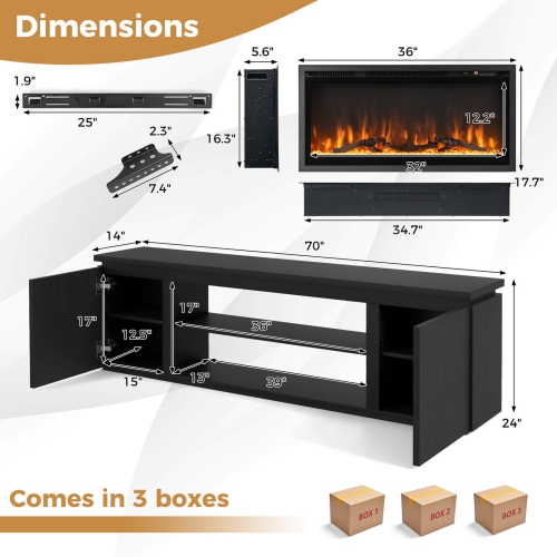 Costway Fireplace TV Stand for TVs up to 80" with Electric Fireplace 3 Adjustable Shelves Black/White