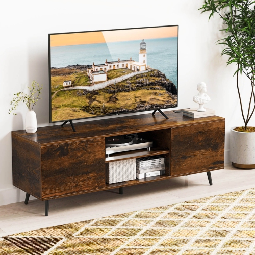 Costway TV Stand for 60" TVs Mid Century Modern Media Console Table with Adjustable Shelf Brown/Black