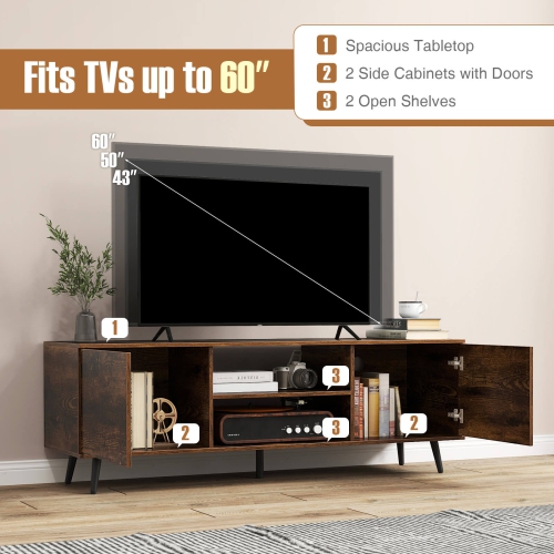 Costway TV Stand for 60" TVs Mid Century Modern Media Console Table with Adjustable Shelf Brown/Black