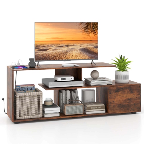 COSTWAY  60" Tv Stand With Charging Station Storage Shelves Industrial Entertainment Center
