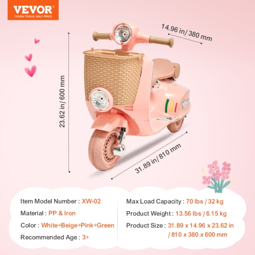 VEVOR Kids Ride On Motorcycle, 12V Battery Powered Electric Motorcycle Trike with Speed Up to 2mph, Headlight, LED Light, Music,3 Wheel Ride on Toys