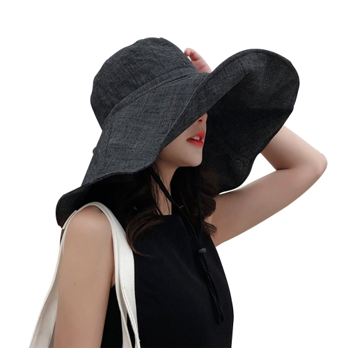 (Noir) Chapeau de soleil pour femmes avec large bord et courroie de protection pour le cou