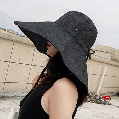 (Noir) Chapeau de soleil pour femmes avec large bord et courroie de protection pour le cou