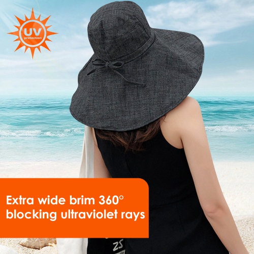 (Noir) Chapeau de soleil pour femmes avec large bord et courroie de protection pour le cou