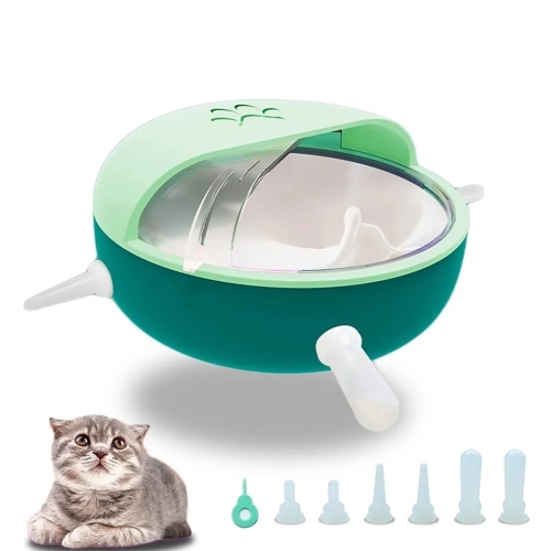 Green Silicone Puppy Feeder, Multi-Mouth Pet Milk Bowl with 4 Nipples, Bionic Silicone Nursing Self-