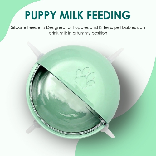 Green Silicone Puppy Feeder, Multi-Mouth Pet Milk Bowl with 4 Nipples, Bionic Silicone Nursing Self-