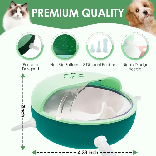 Green Silicone Puppy Feeder, Multi-Mouth Pet Milk Bowl with 4 Nipples, Bionic Silicone Nursing Self-