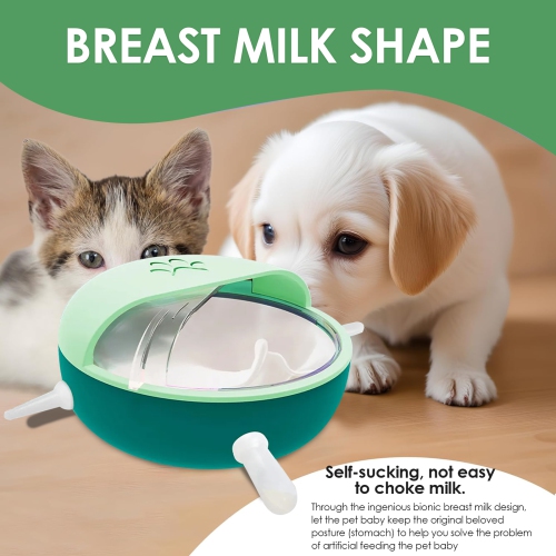 Green Silicone Puppy Feeder, Multi-Mouth Pet Milk Bowl with 4 Nipples, Bionic Silicone Nursing Self-