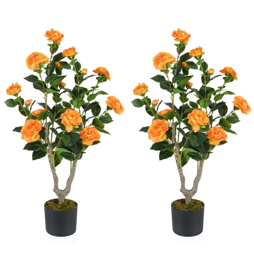 COSTWAY  2 PCs 36" Artificial Camellia Tree Fake Potted Tree Greenery Floral Plant Modern In Orange