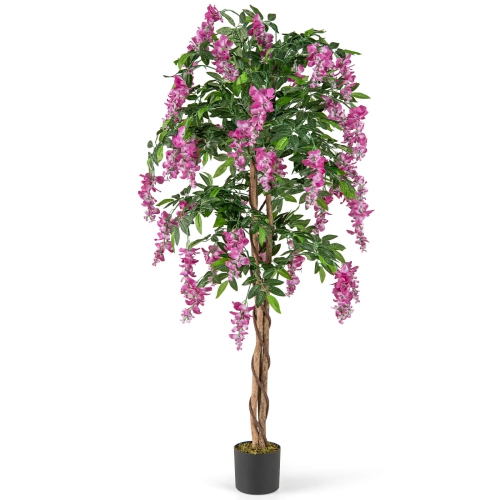 COSTWAY  1/2 PCs 5.5 Ft Tall Artificial Ficus Tree Faux Wisteria Plant In Nursery Pot Decoration Pink/purple