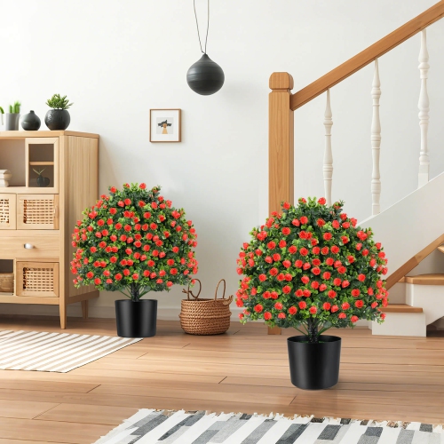 Costway 2 Pack Artificial Rose Topiary Ball Tree Faux Shrub Bushes with Flowers