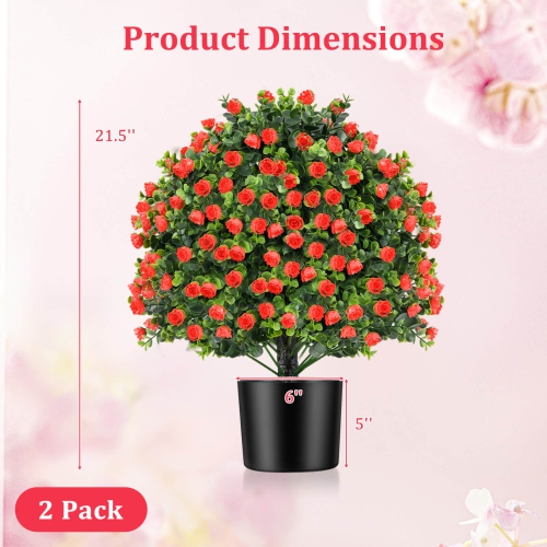Costway 2 Pack Artificial Rose Topiary Ball Tree Faux Shrub Bushes with Flowers