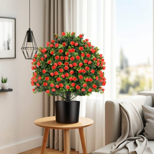 Costway 2 Pack Artificial Rose Topiary Ball Tree Faux Shrub Bushes with Flowers