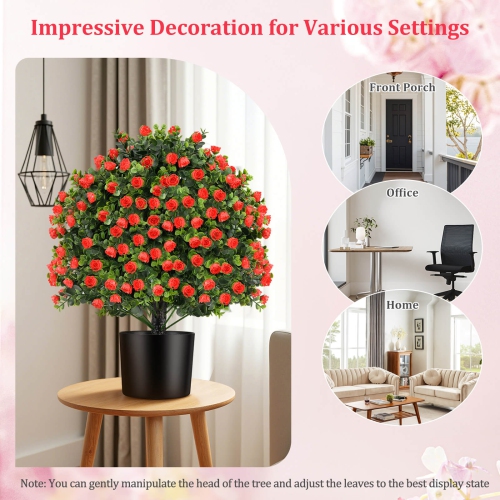 Costway 2 Pack Artificial Rose Topiary Ball Tree Faux Shrub Bushes with Flowers