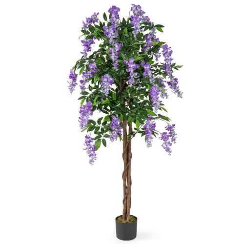 Costway 1/2 PCS 5.5 FT Tall Artificial Ficus Tree Faux Wisteria Plant in Nursery Pot Decoration Pink/Purple