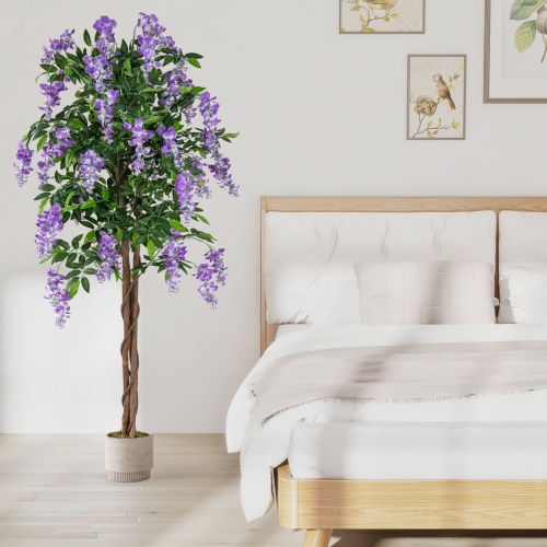 Costway 1/2 PCS 5.5 FT Tall Artificial Ficus Tree Faux Wisteria Plant in Nursery Pot Decoration Pink/Purple