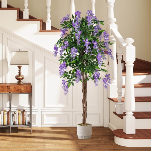 Costway 1/2 PCS 5.5 FT Tall Artificial Ficus Tree Faux Wisteria Plant in Nursery Pot Decoration Pink/Purple