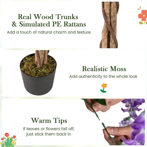 Costway 1/2 PCS 5.5 FT Tall Artificial Ficus Tree Faux Wisteria Plant in Nursery Pot Decoration Pink/Purple