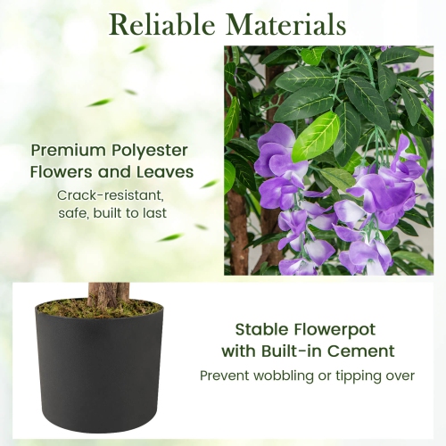 Costway 1/2 PCS 5.5 FT Tall Artificial Ficus Tree Faux Wisteria Plant in Nursery Pot Decoration Pink/Purple