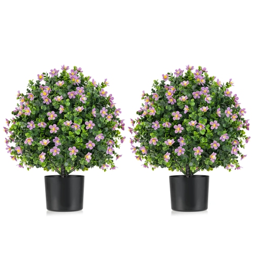 COSTWAY  2 Pack Artificial Boxwood Topiary Ball Tree Faux Shrub Bushes With Flowers White/purple