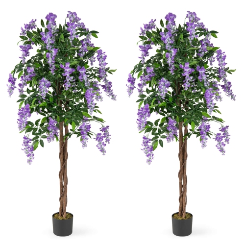 Costway 1/2 PCS 5.5 FT Tall Artificial Ficus Tree Faux Wisteria Plant in Nursery Pot Decoration Pink/Purple