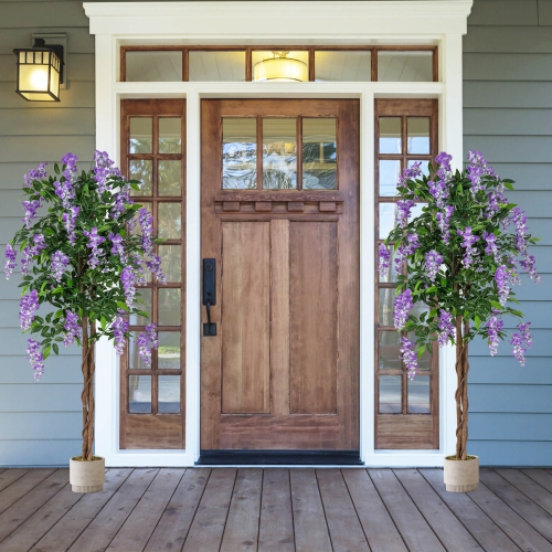 Costway 1/2 PCS 5.5 FT Tall Artificial Ficus Tree Faux Wisteria Plant in Nursery Pot Decoration Pink/Purple