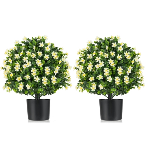 COSTWAY  2 Pack Artificial Boxwood Topiary Ball Tree Faux Shrub Bushes With Flowers White/purple