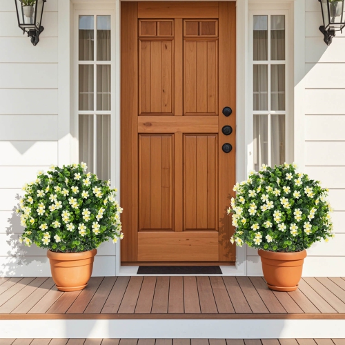 Costway 2 Pack Artificial Boxwood Topiary Ball Tree Faux Shrub Bushes with Flowers White/Purple