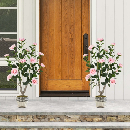 Costway 2 PCS 36" Artificial Camellia Tree Fake Potted Tree Greenery Floral Plant Modern Pink