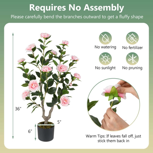 Costway 2 PCS 36" Artificial Camellia Tree Fake Potted Tree Greenery Floral Plant Modern Pink