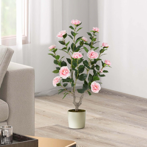 Costway 2 PCS 36" Artificial Camellia Tree Fake Potted Tree Greenery Floral Plant Modern Pink