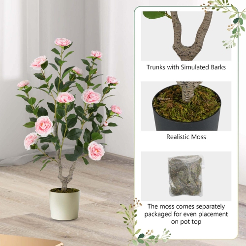 Costway 2 PCS 36" Artificial Camellia Tree Fake Potted Tree Greenery Floral Plant Modern Pink