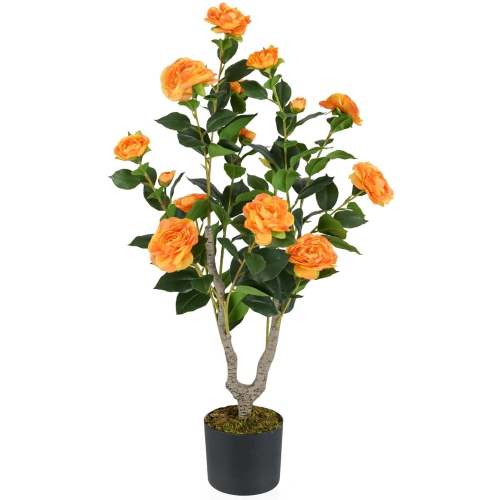 COSTWAY  1 PCs 36" Artificial Camellia Tree Fake Potted Tree Greenery Floral Plant Modern In Orange