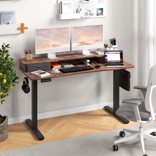Costway 55"x 24" Electric Standing Desk with 2 Drawers Monitor Stand Storage Shelf
