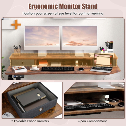 Costway 55"x 24" Electric Standing Desk with 2 Drawers Monitor Stand Storage Shelf