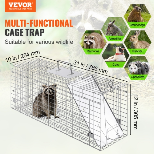 VEVOR 31" x 10" x 12" Live Animal Cage Trap, Humane Cat Trap Galvanized Iron, Folding Animal Trap with Handle for Rabbits, Stray Cats, Squirrels,