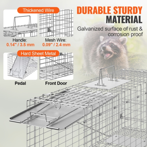 VEVOR 31" x 10" x 12" Live Animal Cage Trap, Humane Cat Trap Galvanized Iron, Folding Animal Trap with Handle for Rabbits, Stray Cats, Squirrels,