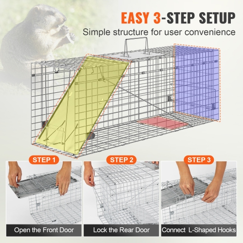VEVOR 31" x 10" x 12" Live Animal Cage Trap, Humane Cat Trap Galvanized Iron, Folding Animal Trap with Handle for Rabbits, Stray Cats, Squirrels,