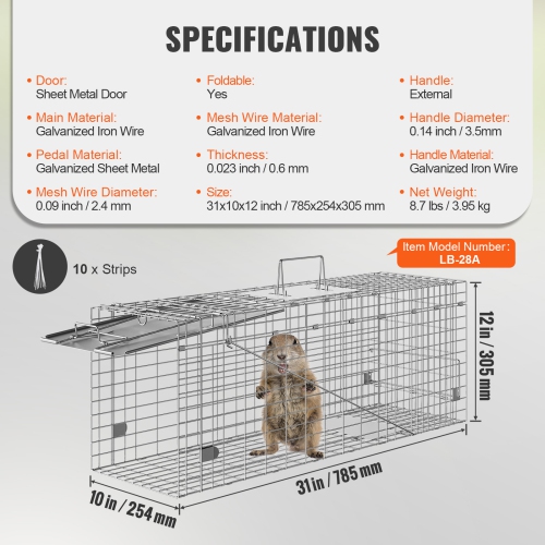 VEVOR 31" x 10" x 12" Live Animal Cage Trap, Humane Cat Trap Galvanized Iron, Folding Animal Trap with Handle for Rabbits, Stray Cats, Squirrels,